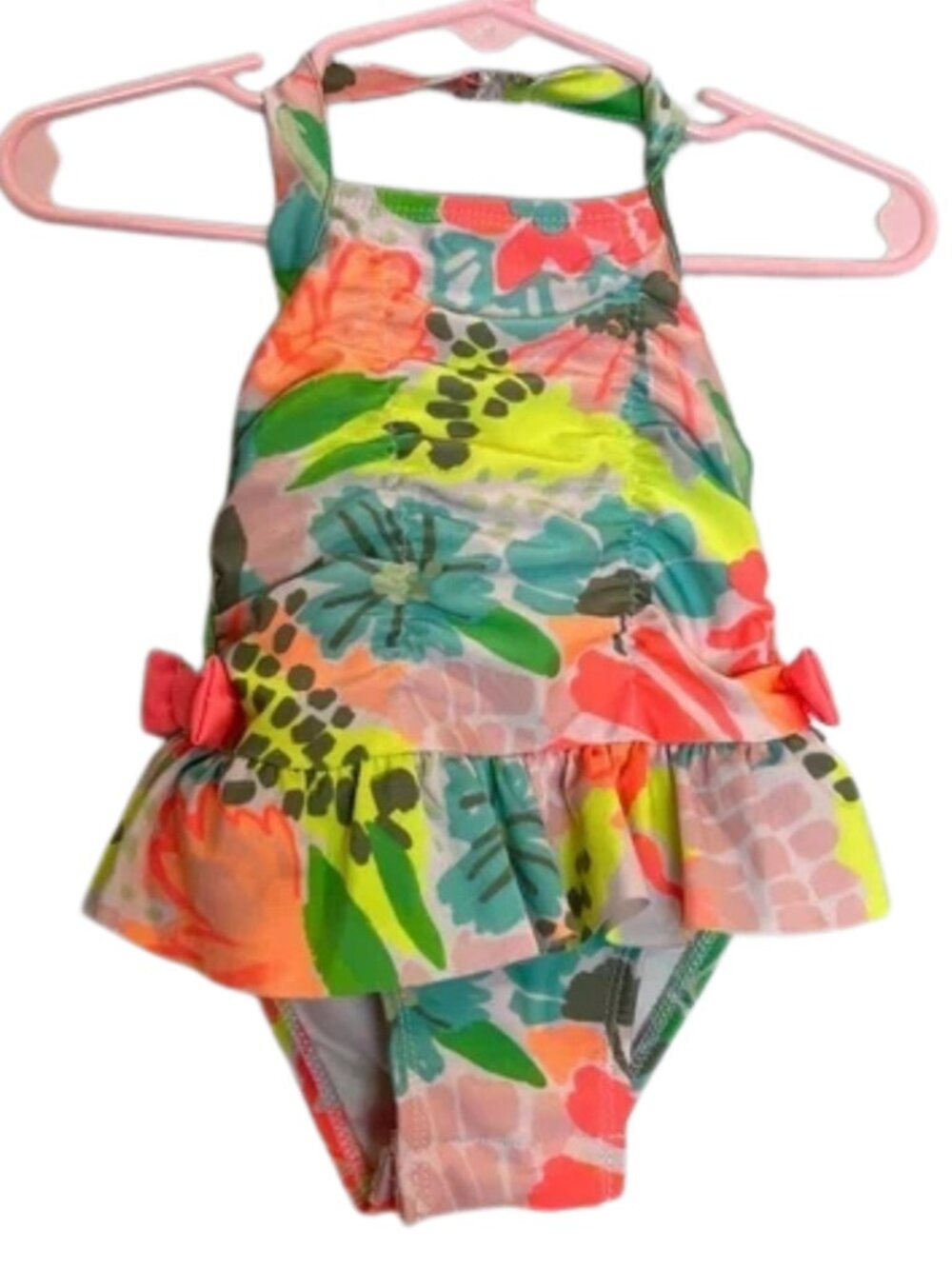 Cat & Jack Girls Neon Floral Pattern Bow Detail Halter-Style With Snaps Bathing